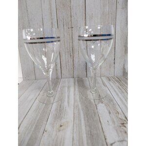 Wine Goblets Champagne Glasses 6 7/8" Stemmed Set of 2 Silver Bands